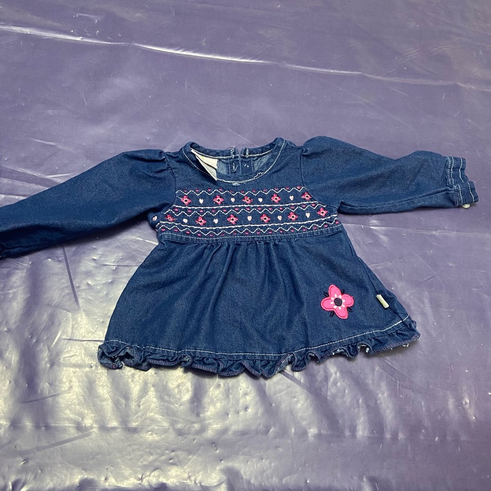 2 infant girl 6-9 months outfits one jean dress and one long pant leg romper